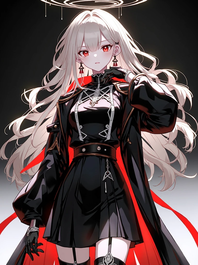 1girll, White hair, red color eyes, Full body like, photorealestic, black greatcoat,side-lighting, the wallpaper, NSFW,Hair scattered on the shawl,horn