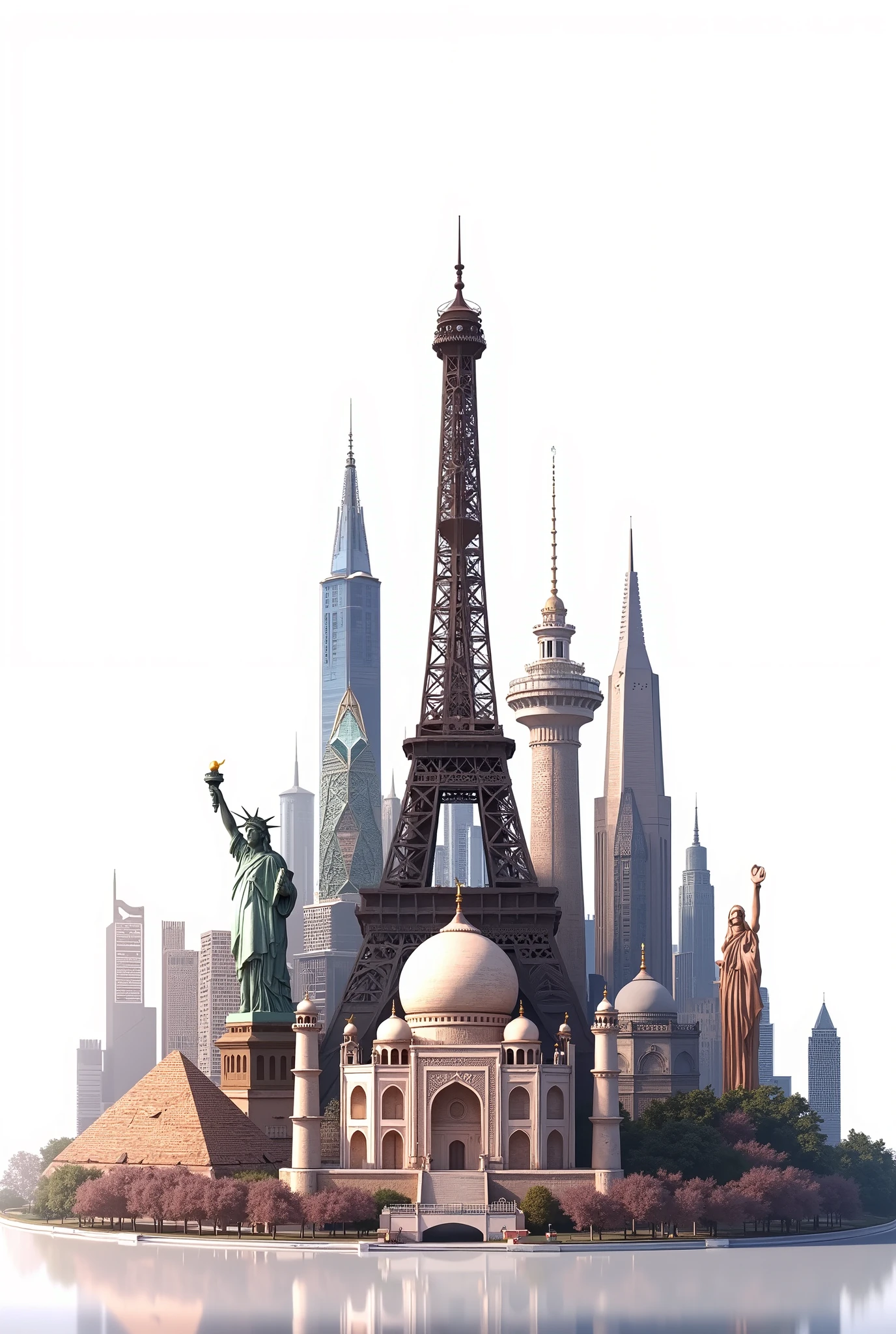 Ten of the most famous landmarks in the world are stacked into one place. isolated on a white background.