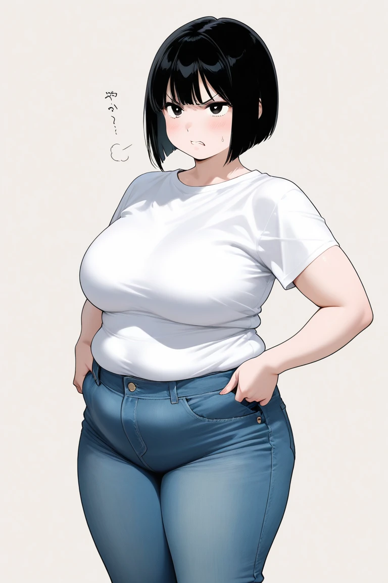 height 150cm, short woman, Bow legs, Beautiful face but chubby face, Chubby tae takemi, Hands on hips, ((Stand up straight)), ((Full body)), (low head 1.5), A little chubby body type and small breasts, masterpiece, tight denim pants, ((small breasts)), (((thick legs))), Full body+, Solo, Swollen face, 1 woman, White coat, navy blue Denim pants, thick thighs, low rise navy blue denim pants, solo, simple background, masterpiece, best quality, black hair, short hair, A chubby figure that seems real, smile, High saturation