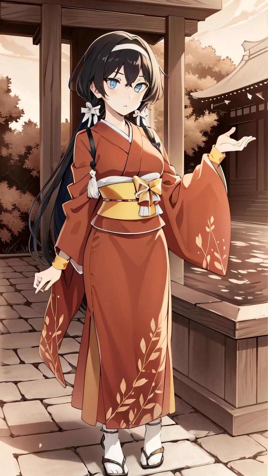 (sepia color:1.5), retro artstyle, analog film photo, faded film,{{{masterpiece}}}, (best quality:1.5), (ultra-detailed:1.5), {illustration}, {{an extremely delicate and beautiful}}, (beautiful detailed eyes:1.6), absurdres, highres, extremely detailed face, 16k, hd, visual anime de uma jovem mulher, extremamente bonito rosto de anime, anime melhor garota, (perfect hands, perfect anatomy), anime face, izumi kyouka(Bungou Stray Dogs), 1girl, solo, cute face, (black hair:1.3), (very long hair:1.2), low twintails, (white hair band:1.2), flower hair ornament, crossed bangs, sidelocks, slender face, narrow chin, sharp eyes, blue eyes,(High resolution eyes, Beautiful eyes, Light in the eyes), (big eyes:1.5), medium breasts, big hips, curvaceous, BREAK, japanese clothes, furisode, (red kimono:1.3), red sleeves, long sleeves, wide sleeves, (red arm cover:1.3), yellow wristband, yellow obi, back waist ribbon, (very long ribbon:1.3), pencil skirt, red skirt, tabi, white legwear, sandals, BREAK, outdoor, sky, daytime, forest, shinto shrine