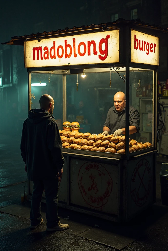(Fast Food Worker), Cyberpunk style, a fast food clerk is doing the final tidying up work in the restaurant at night. The lights inside the restaurant emit charming colors, and the clerk's figure appears particularly prominent at the window, with the background of night city, full body, (Photography), panoramic view, award-winning, cinematic still, emotional, vignette, dynamic, vivid, (masterpiece, best quality, Professional, perfect composition, very aesthetic, absurdres, ultra-detailed, intricate details:1.3)