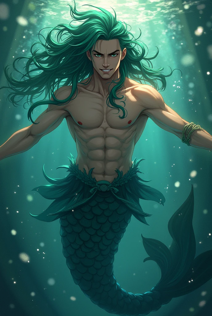 long black hair, teal blue eyes, long lashes, white and pale skin. smooth. (((masterpiece))) male. Young male. sexy merman. smirking. he's a merman. sexy. No facial hair or body hair. Delicate and pretty facial features. Show his full body