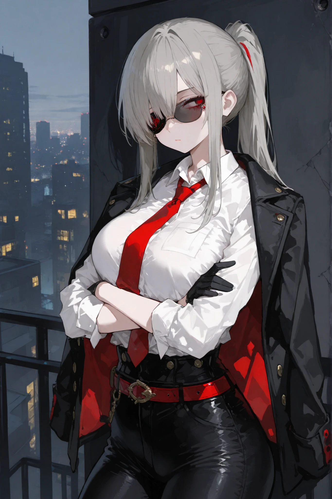 (​masterpiece:1.6、top-quality)、(Fine and beautiful eyes: 1.2)、(looking-down)、hightquality、beautiful countenance、1girl in、Leather tight skirt、Oversized colored leather jacket, Colossal tits, tights, wide-hips, (sideways Facing, ), Street, Background with, detailedbackground,evil smile、Laughter at the corners of his mouth、neck tie、eyewear on head、Lunette de soleil