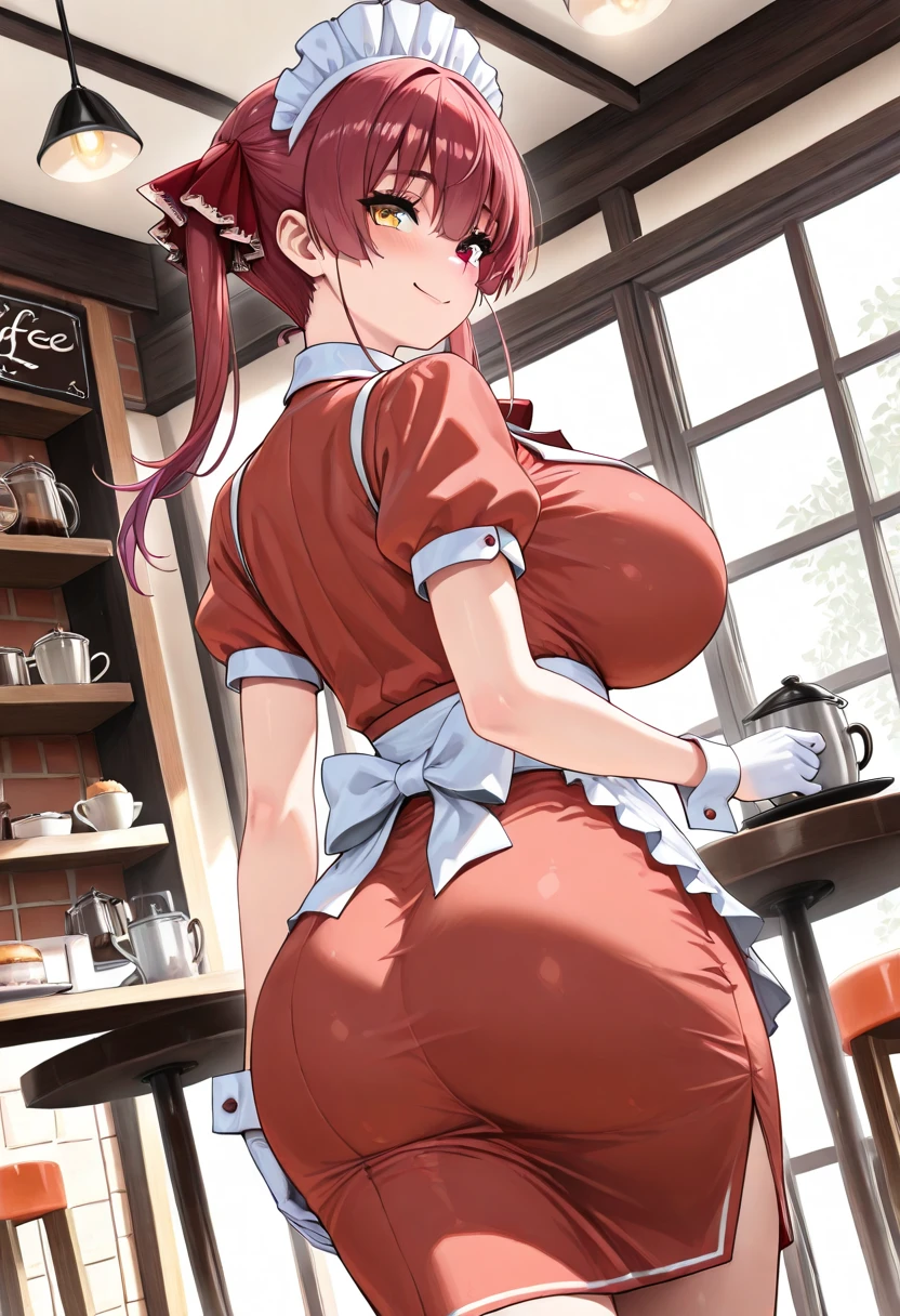 1girl, feminine, background, (freckles), blush, loose pink hair, huge breasts, ((sweat)), view from side, evening shadows, hot breath, open mouth, dimmed lighting, standing, sweaty, ((sweating)), (sweat), big ass, wide hips, toned body, cow ears and small cow horns, cow tail, cow girl, (motion lines), voluptuous, mature, milf, flustered, wearing milk maid outfit, upskirt, market in a modern city, selling milk, market stand, milk bottles, (view from behind), detailed anus, detailed pussy, pubic hair, bent over, presenting ass,