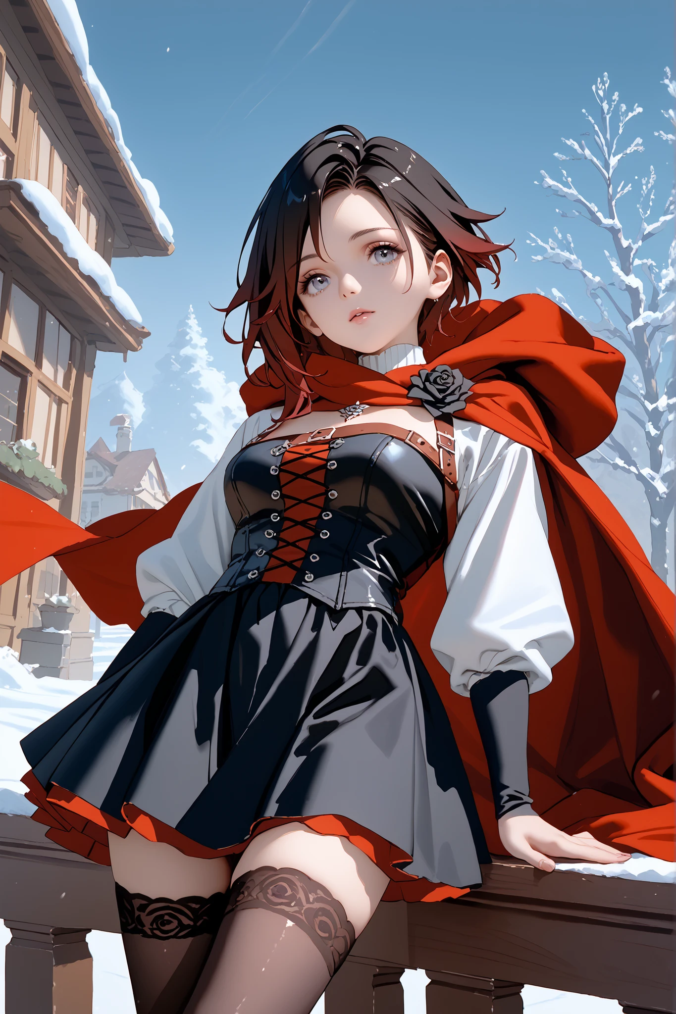 1 girl, solo, high resolution, mistralrose, red cape, black dress, corset, white shirt, long sleeves, black skirt, black thighhighs, bandolier, winter, milf