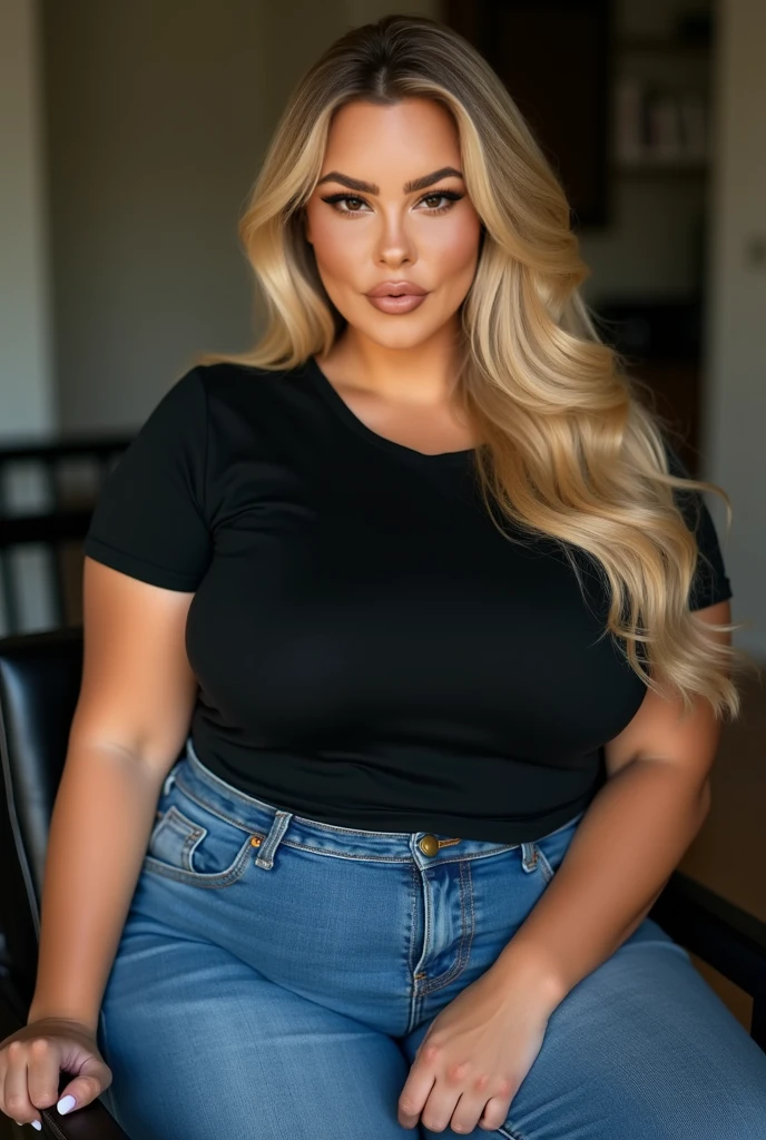 a fat,chubby milf woman with long straight blonde hair,blue jeans pants,large hips,thick thighs,busty cleavage,wearing a black casual long shirt,in a sensual pose,taking a selfie,realistic,photorealistic,photo-realistic:1.37,high quality,8k,ultra-detailed,extremely detailed face and body,masterpiece,vivid colors,natural lighting