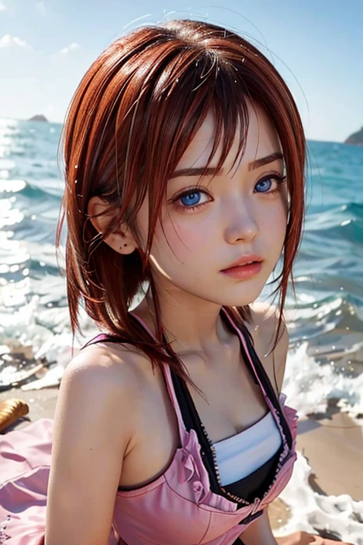 salina de Torrevieja, pink water, ocean, beach, young lady , closeup face, Mary Elizabeth Winstead