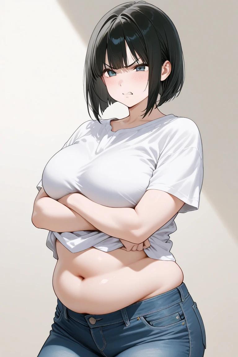 1 girl, ((masterpiece, side light, beautiful eyes: 1.2), Super detailed, ultra high resolution, high quality make up, beautiful detailed eyes), (highest quality:1), beautiful,(black hair:1.3), dark brown eyes, (big breasts:1.6), (saggy breasts:1.6),(huge breasts:1.6),(super breasts:1.6), (asymmetric bob cut:1.2),(amount:1),(Plump:1.4),(Chubby:1.4),(low length:1.4),(short limbs:1.4),(naked:1.4),(little man:1.4)