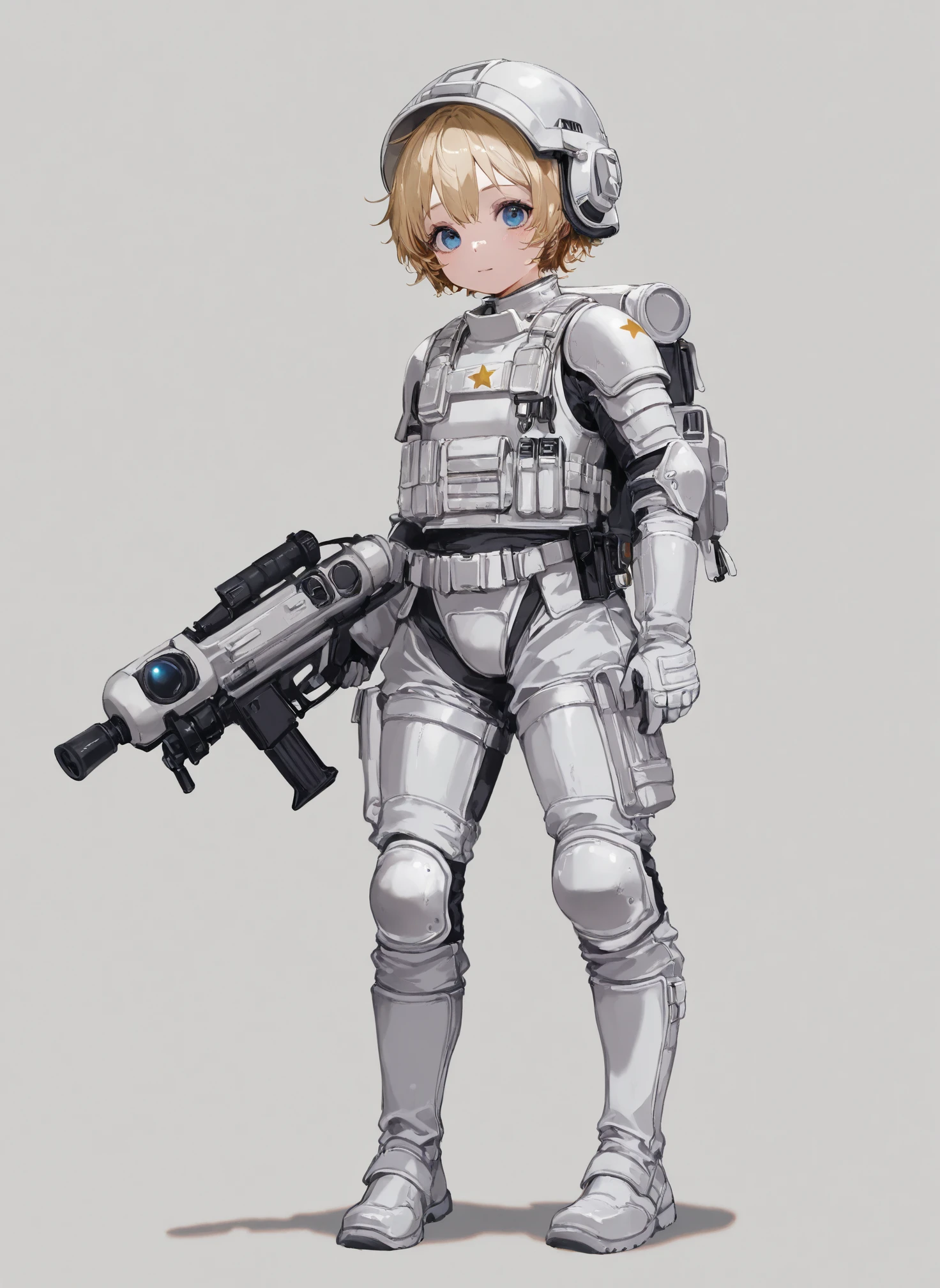 He's a little Japan、silber hair、Blue eyes、Wearing a grey shark costume、Holding a toy gun、tchibi、Mega Mini、Boy in a costume、