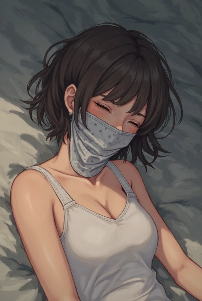 dark-skinned girl, big breasts, big ass, tomboy, string bikini, mouth mask, sweating, in a dimly lit room, both hands on head, bob cut,  black gloves, white sneakers, full body, sunny weather, from front, beautifully drawn eyes, perfect face, perfect body,  muscular, naval, abs, beautiful girl, disgruntled, choker