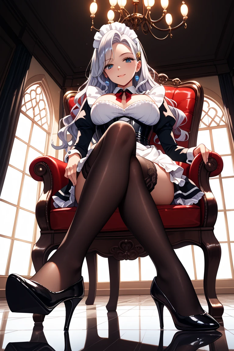 ((best quality)), ((masterpiece)), (detailed), perfect face, white hair, white cat ears, white cat tail, DD cup breasts, thick thighs, crazy love eyes, glowing red eyes, short dress, cleavage showing, smirking, high heels, view from below, sitting on a throne