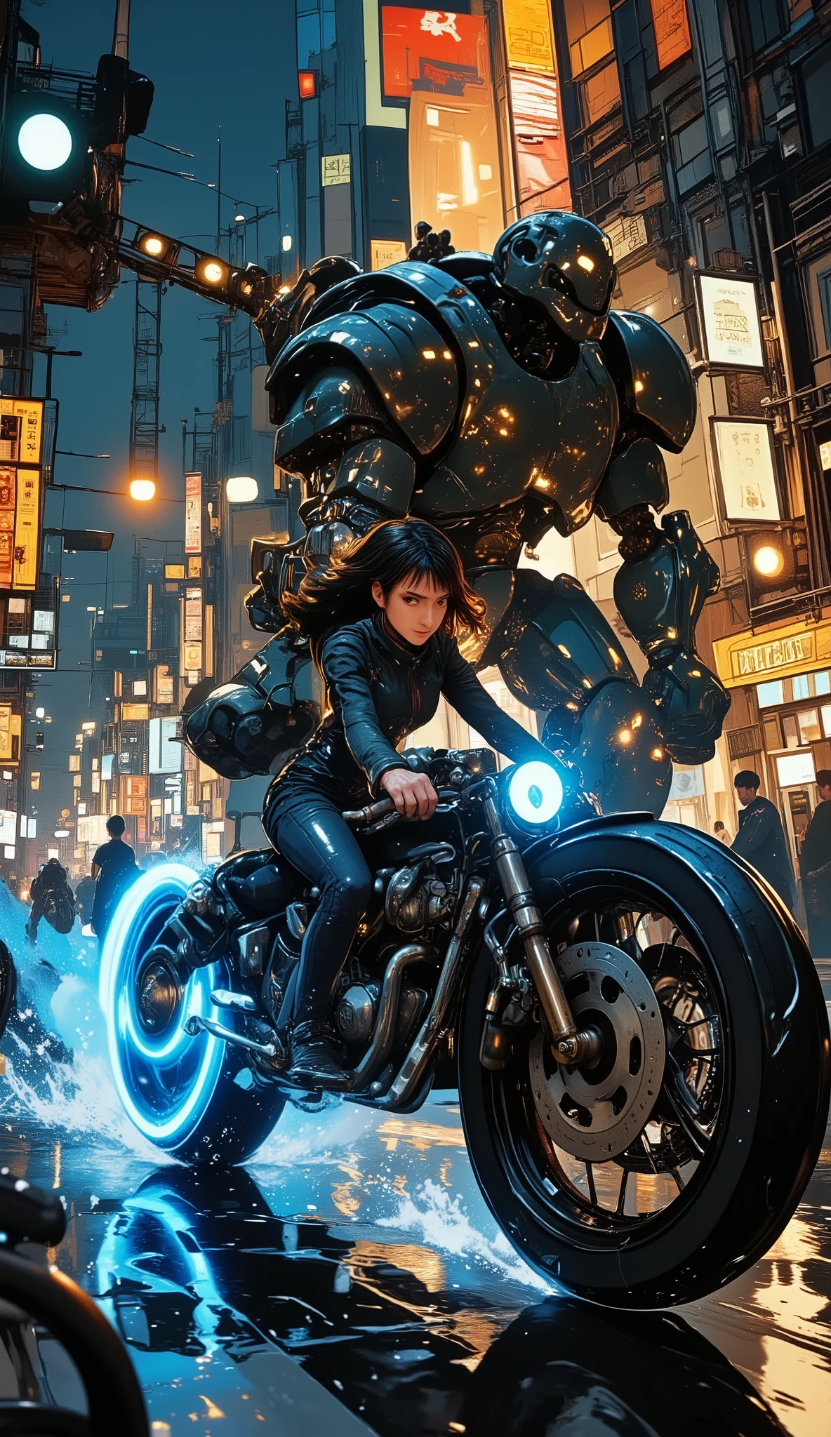 anime scene, low angle side profile view, woman leaning forward at full speed on a mix of tron and Akira-style futuristic moto, long exposure, light trails showing extreme speed and motion, ((chased by a massive cyberpunk mecha robot)), neon-lit Tokyo night, rain-soaked reflective streets, intense cinematic lighting, motion blur, high-tech urban chaos, dramatic and stylish