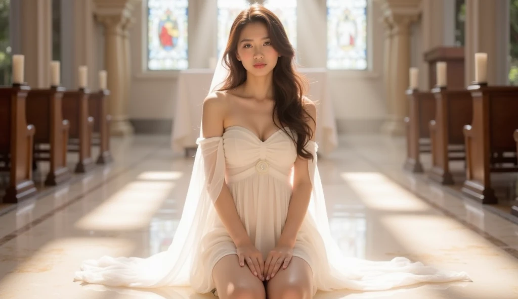 A beautiful young woman with fair, porcelain-like skin, flawless texture, long wavy brown hair, kneeling gracefully on a glossy marble floor inside a majestic cathedral. She is facing the camera directly, her entire face clearly visible, making gentle eye contact. She wears a flowing, strapless, pure white dress. The space is flooded with divine, glowing white light from large stained glass windows. The atmosphere is ethereal, ultra-bright, heavenly and peaceful, with no shadows and soft focus. A pure, angelic scene.

--style: ultra bright, fair skin, glowing skin, divine light, cinematic, ethereal, soft glow, hyper realistic, full face, eye contact
--neg: tan skin, shadows, dark tones, looking away, back turned, hidden face, gloomy mood, dull lighting, cold hues, distortion