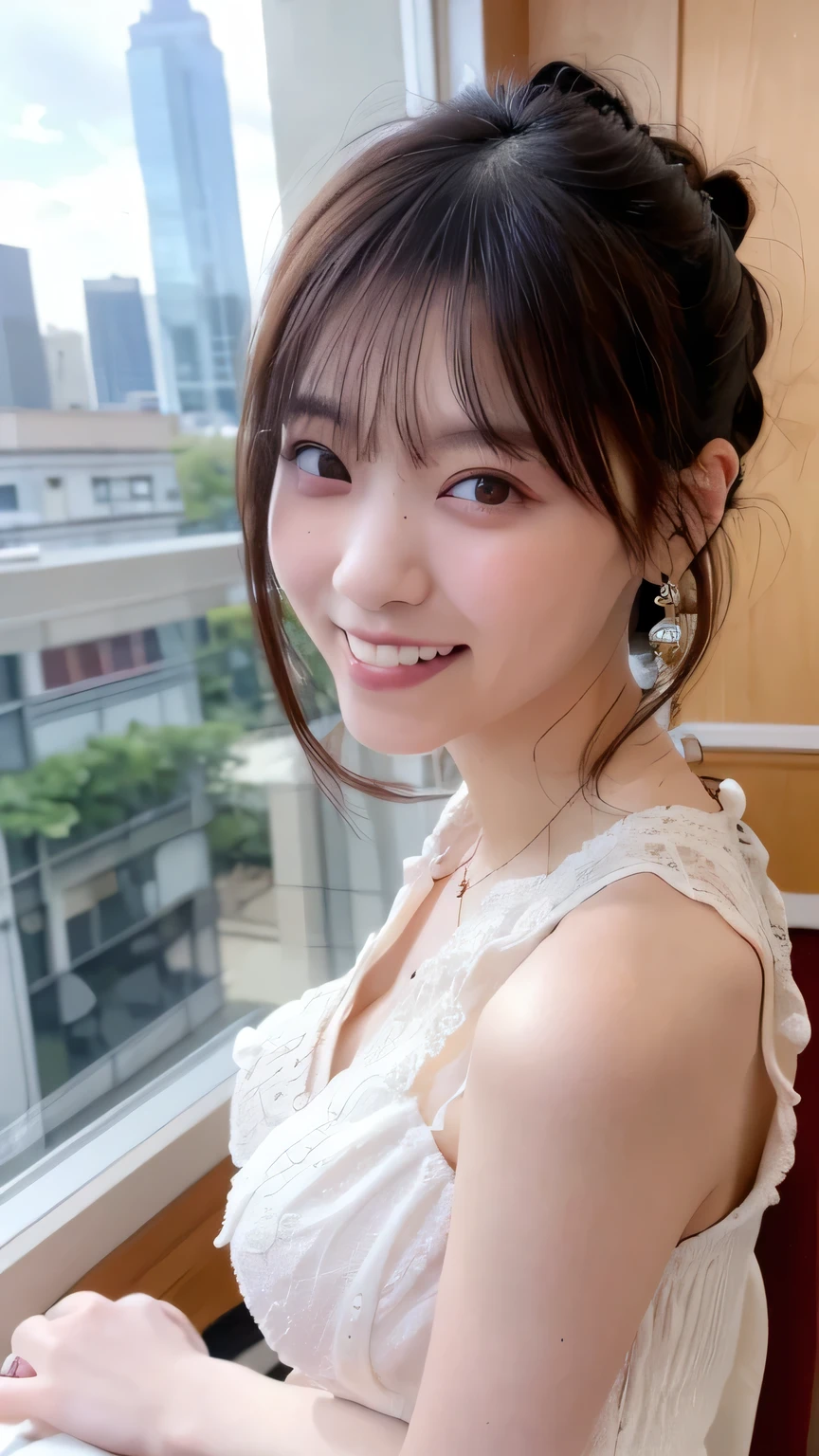 Upper body naked、No clothes、Short bob with neat bangs、Long neck、Beautiful collarbone、Shiny skin、Perfect body、Perfect Fingers、Perfect Arms、Perfect hands、Makes your face smaller、Please look closely at the camera、(Blank white background with nothing)、Perfect Anatomy、Very large breasts、Very large breasts、With your chest between your arms、Adult charm、smile、Embarrassed and laughing