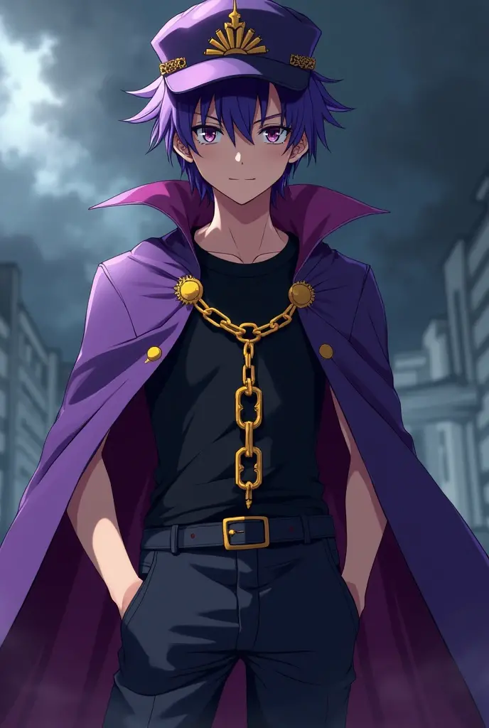 Anime style, 16k, highres, best quality, high quality, super detail, high details, accurate, masterpiece, UHD, 1male, solo, teenager boy, close mouth, villain pose, dark supervillain, short hair, angry look, full body focus, look on viewer, a modified purple gakuran cloak, with a high, stiff collar, pierced on the left by a gold chain, underneath which he wears a fitted sleeveless T-shirt, a pair of tight trousers, very short, with sharp folds, belted with two thin belts, often of different colors, with a pattern of alternating multi-colored tessellated triangles, a pair of leather shoes without socks, a symbolic purple cap in the center decorated with a gold button, on the left with a rectangular gold plate with an image of a flattened hand, it is torn at the back, blending with his purple hair,