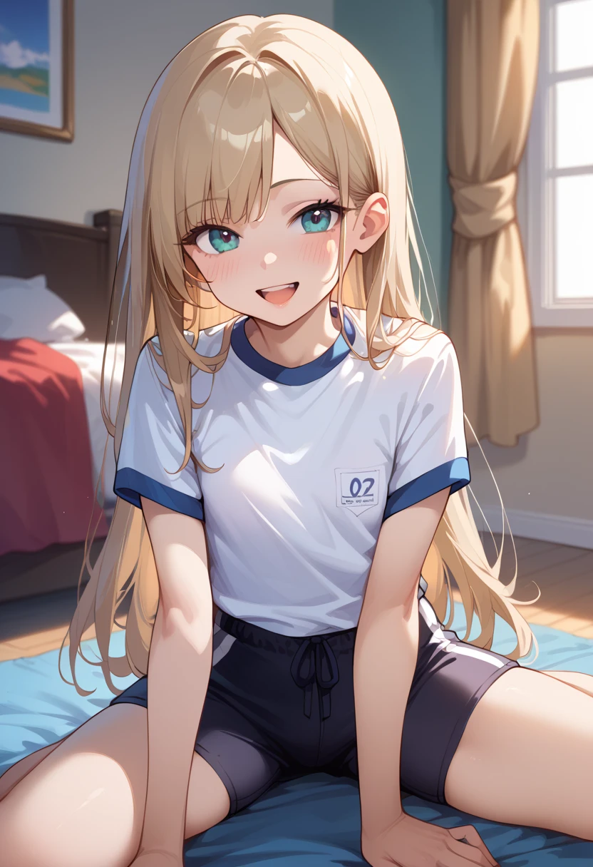 Blonde、Blue Eyes、girl、Small breasts、Twin tails、girl、Small breasts、Lolita、Bright smile、Looks about 15 years old、Petan Musume、He is short、Eye highlights、Sexy thighs、room、Sportswear、Gymnastics、