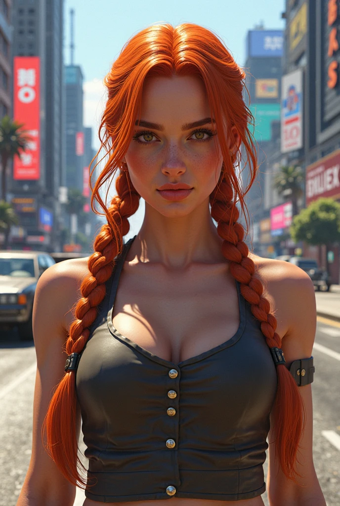 (ultra realistic,32k, masterpiece:1.2),(high detailed skin:1.1),( high quality:1.1),
<lora:dmalise-nvwls-v1:0.8>alise,gloom (expression),(mascara, long lashes:1.1),red hair,  ponytail, tank top, tank halter, leggings, city park, palms, sunshine, blurry background,,(looking at viewer, standing from above:1.1),, huge breast,large breast,<lora:add_detail:0.89>,
(tenebrism:1.1),