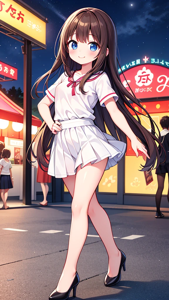 {Highest quality], [Super beautiful], [Ultra fine], [Best illustration], NSFW,Brown Hair, Hime cut, Long Hair, With bangs, girl,In a suit,OL,White shirt,Short sleeve,smile, blush, Slender women, Adult women,Strike a Pose,(Public),Night Park,Summer festival,diagonal, Bare feet and pumps, Plain black pumps