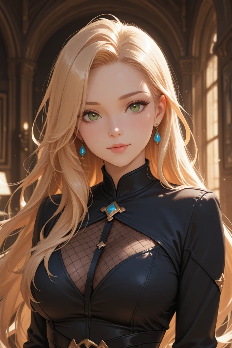 1 girl, blonde with blue eyes, in a black and gold expensive dress, sitting in an expensive chair in his office, leans on the armrest, crazy smile. medieval fantasy