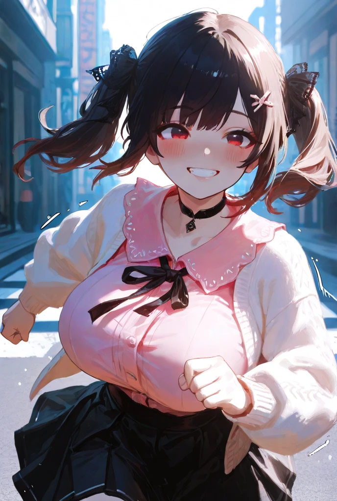 masterpiece, Highest quality, Nico_Yazawa,High resolution, 1 Girl, alone, Brown Hair, short hair, Twin tails、Purple eyes, , (Cleavage)、(Beautiful thighs)、city, Outdoor, garden, Carrying a red backpack, (randoseru backpack:1.2) Sweaty、Thick thighs、Highest quality、4K、1girl, 8years old, loli, cute, grin, 、In the city、Many passersby are surrounding the girl.、、Thick thighs、Ahegao、Men holding their penises and surrounding girls、Semen from the penis、Bukkake、Bukkake、（Bukkake）projectile cum、Blowjob