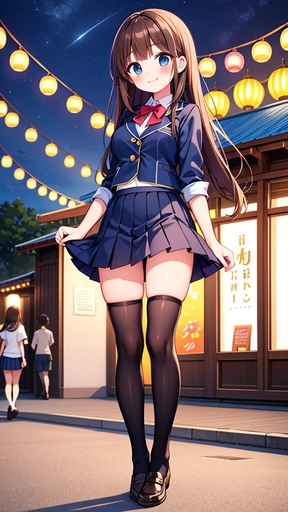 {Highest quality], [Super beautiful], [Ultra fine], [Best illustration], NSFW,Brown Hair, Hime cut, Long Hair, With bangs, girl,high school student,uniform,knit,skirt,smile, blush, Slender women, Adult women,Standing posture,(Public),Night Park,Summer festival,diagonal, Navy blue knee socks,Black Loafers、Stripes々
Panties、In underwear