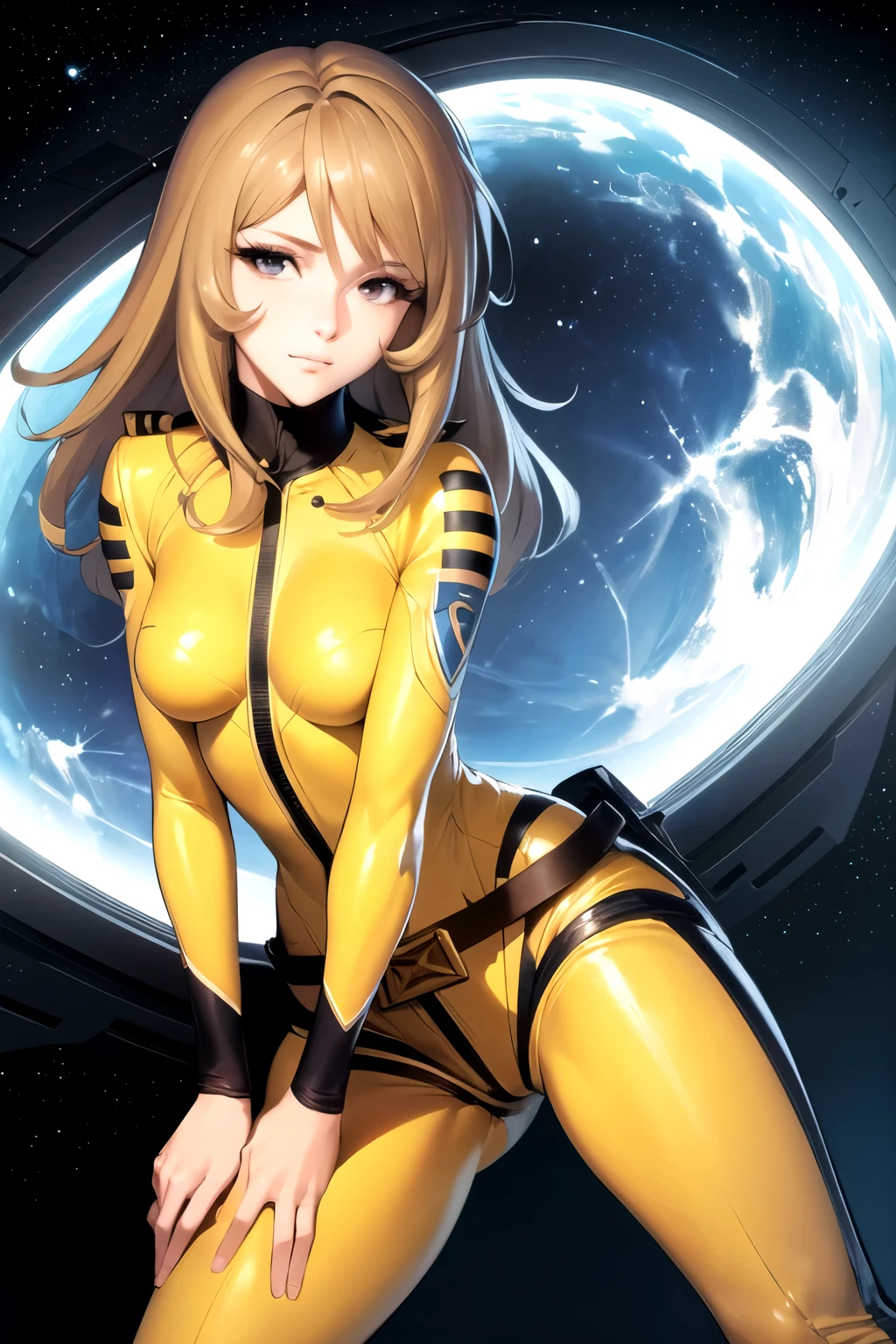 (masterpiece, best quality:1.2), (cowboy shot:1.1), solo, 1girl, mori yuki, slight smile, closed mouth, looking at viewer, blonde hair, thigh gap, (unzipped bodysuit:1.5), (showing her breasts:1.1),  (open bodysuit:1.5), lace bra, leaning forward, yellow bodysuit, skin tight, belt, large window, (starship porthole:1.3), from front, (spread legs:1.3), (standing:1.1), starship interior, (outer space view:1.1), (orbital view:1.3), (night, stary sky:1.5), milky way