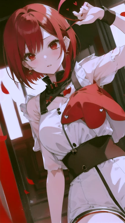 a handsome girl, solo, 
[(red hair:1.4):(sliver hair:1.4):0.3],
medium hair,
red eyes, bright eyes, fang
(black and red jacket:1.4), black tie,
white high neck collar, sleeveless, see-through tops only part,
black shorts, (garter rings), black tights, naughty smile, perfect lighting, best angle, masterpiece, best quality, extremely detailed face, extremely detailed,