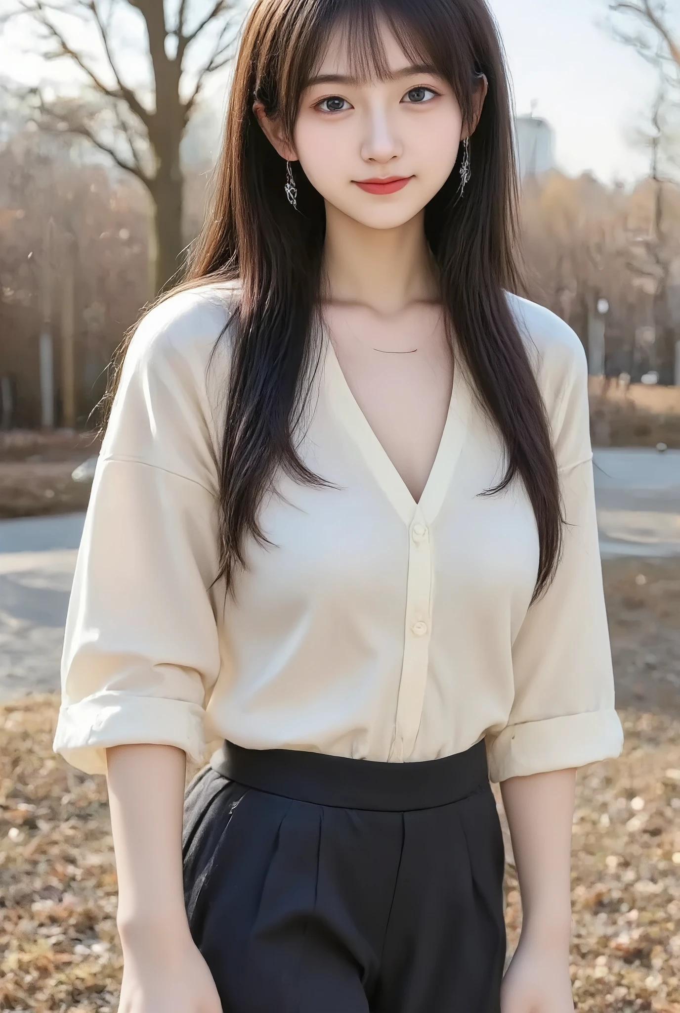 ・Attractive young Korean woman with small breasts
・Very realistic illustrations
・Photographed from a location that shows up to the knee
・Dark brown hair up to about the shoulder
・Walking in the park
・Clothes that would be worn in the fall