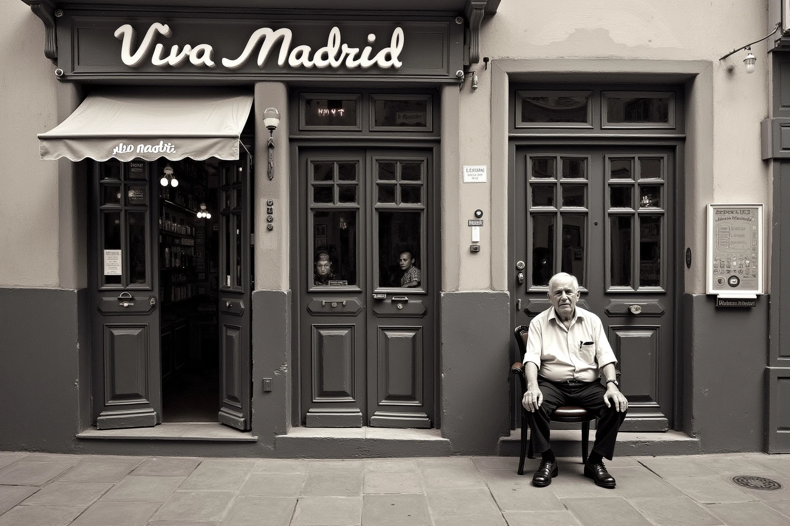 
"Viva Madrid Bar: Spirit and Art"
I captured the vibrant essence of Madrid on this canvas. Using oil paint, I captured not only the architecture, but also the spirit and warm atmosphere of its streets. The impressionistic technique, combined with realism, brings every detail to life, transporting the viewer to the heart of the city and filling every living space with the dynamism and joy that defines Madrid.
In this work, "Viva Madrid," this typical bar, located next to Plaza de Santa Ana and in front of the actors' exit of the Spanish Theater, preserves its historic bar and its mythical tiles dating back to 1856—an architectural gem of the time. In front of the bar, an old man sits on a chair, looking into the camera. Black and white photograph from 1960.