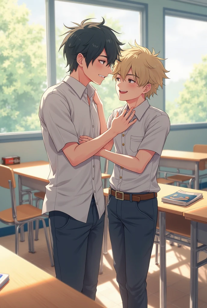 Two cute anime femboys kissing and touching in the classroom