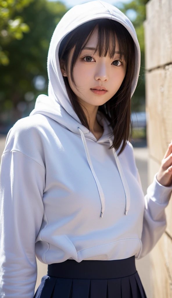 smile、((Spread your legs:1.25))、((Printed panties))、Has bangs、Sit on、Street fashion、White knee-high socks、High-top sneakers、(((Oversized hoodie)))、Black Bucket Hut、mini skirt、((Tabletop, Better Quality)),Ultra high definition 8K,Realistic,Sharp focus,Very detailed,Professional Lighting、Shiny, Intricate details,(((cute, sexy, Ultra-detailed目,((Delicate photo))，(女の子の詳細なRAW Photos), (Tabletop:1.25), (highest quality:1.6), (超A high resolution:1.5), (Realistic:1.75), 8k resolution, Canon EOS R5, 50mm, Absurd, Ultra-detailed,Cinema Lighting,High resolution、high resolution、In 8K、Real Live Action、RAW Photosgraphy、highest quality、masterpiece、Tabletop、erotic,White skin,knees, Absurd,Small Face、Big Breasts、The forehead is visible,masterpiece,highest quality、超A high resolution,RAW Photos,Len,Beautiful poop,one person, solo,whole body、very nice、Japanese women,standing,（Photorealistic：1.4）、Photon Mapping、Realistic、cute little face,18-year-old, Adult female、物理ベースLenダリング、prospect、Depth of written boundary、Blurred Background、picture,Girls、body,Beautiful feet, Long legs,Thin legs、 Lips, Nose Soft, kneesが見える,See-through clothing、Sparkling eyes、Shiny唇、Too bright natural light、Bright sun、Too bright sunlight、
