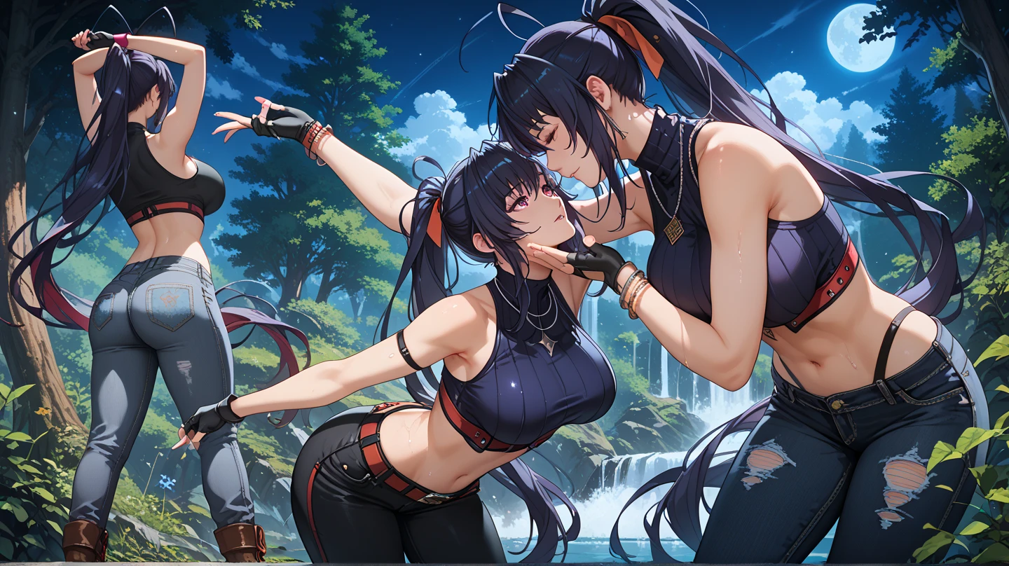 (2 mature females),25yo,(Stand back and forth), Cleavage,(lesbian,Hug each other tight:1.2),((Caressing pussy:1.2)),taimanin bodysuit,taimanin leotard,(see through colorful bodysuit),(Best Quality, masterpiece),medium breasts,Cute,(red blush,smile), (wet gleaming skin:1.1), (A hot spring deep in the mountains where the steam spreads in the bright daytime:1.1),dynamic pose,dynamic angle,sitting,spread legs