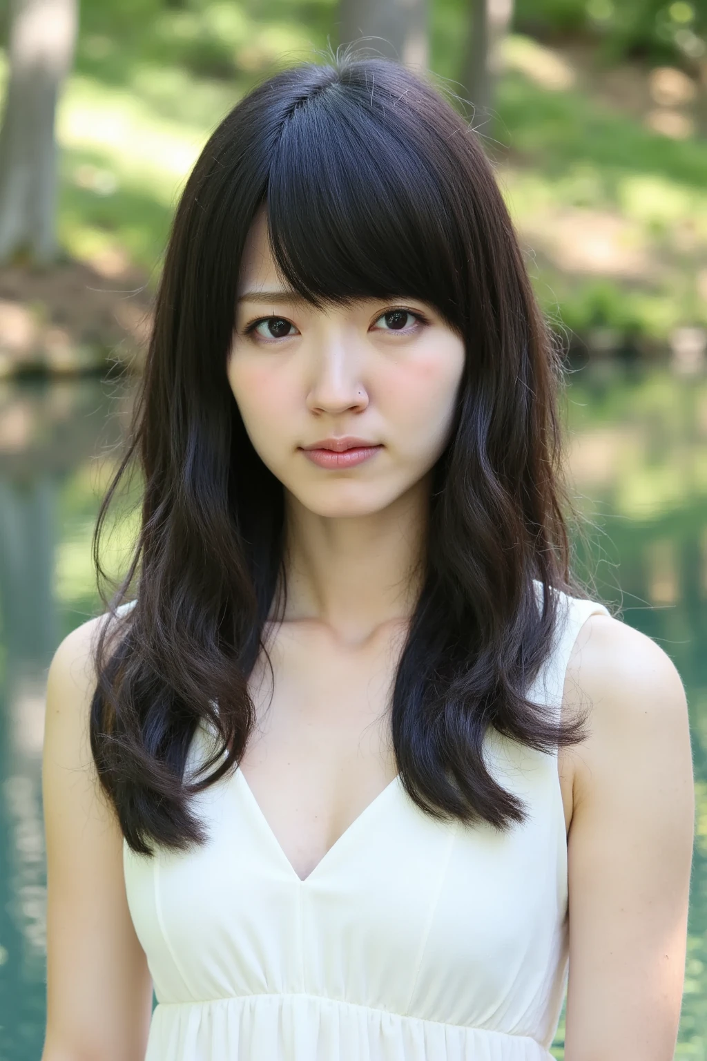 shiraishi, The image is a portrait of a young woman sitting on a bench. She has long dark hair with bangs and is wearing a black sleeveless top. Her is looking directly at the camera with a serious expression. The background is blurred, but it appears to be an outdoor setting with greenery. The overall mood of the image is somber and contemplative.