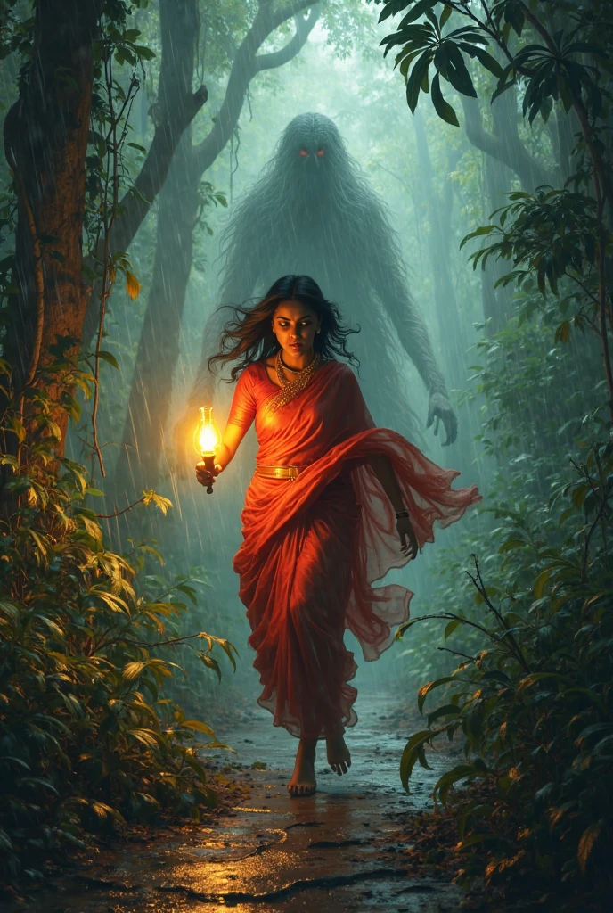 *A terrifyingly beautiful figure of the Yakshini appears in the middle of the forest, her eyes burning with anger, as she points towards Siddhant with a menacing glare.*