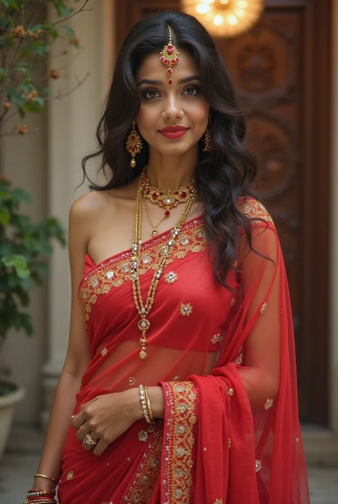 Wearing Satin Saree, 1 girl, solo, long hair, black hair, wearing full sleeve blouse on top of gloves, must be wearing red gloves inside the blouse,  white rolex watch on left hand, traditional, dab jewelry, earrings, outdoors, looking straight, purple dress, realistic, saree must be draped