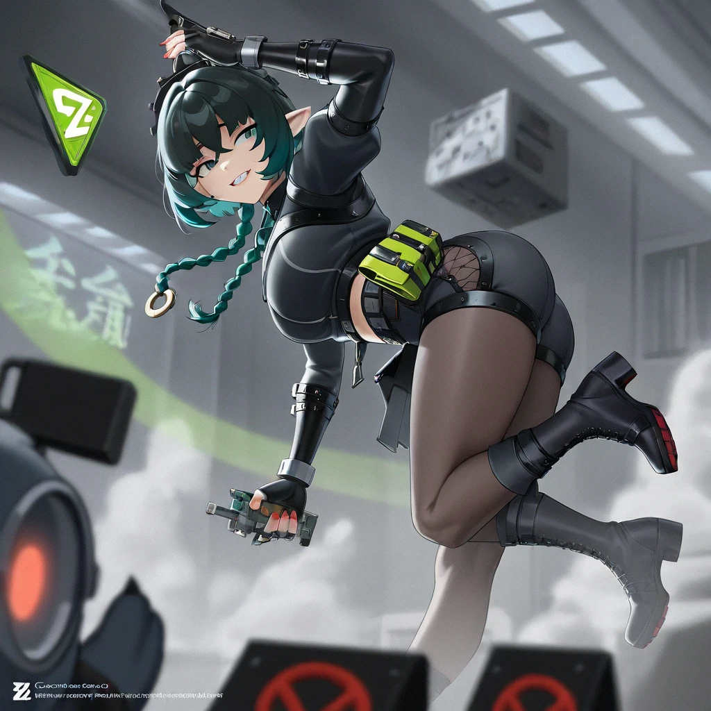 Young girl, Pullover, Green bodysuit , full suit, whole body to see, smile showing teeth, closed eyes , straight hair , wide hips, big thighs, skinny girl, flat chest,fullbody, platform heels, pale skin, small breast, gun, soldier girl, standing, front pose, black hair, Cyberpunk,
