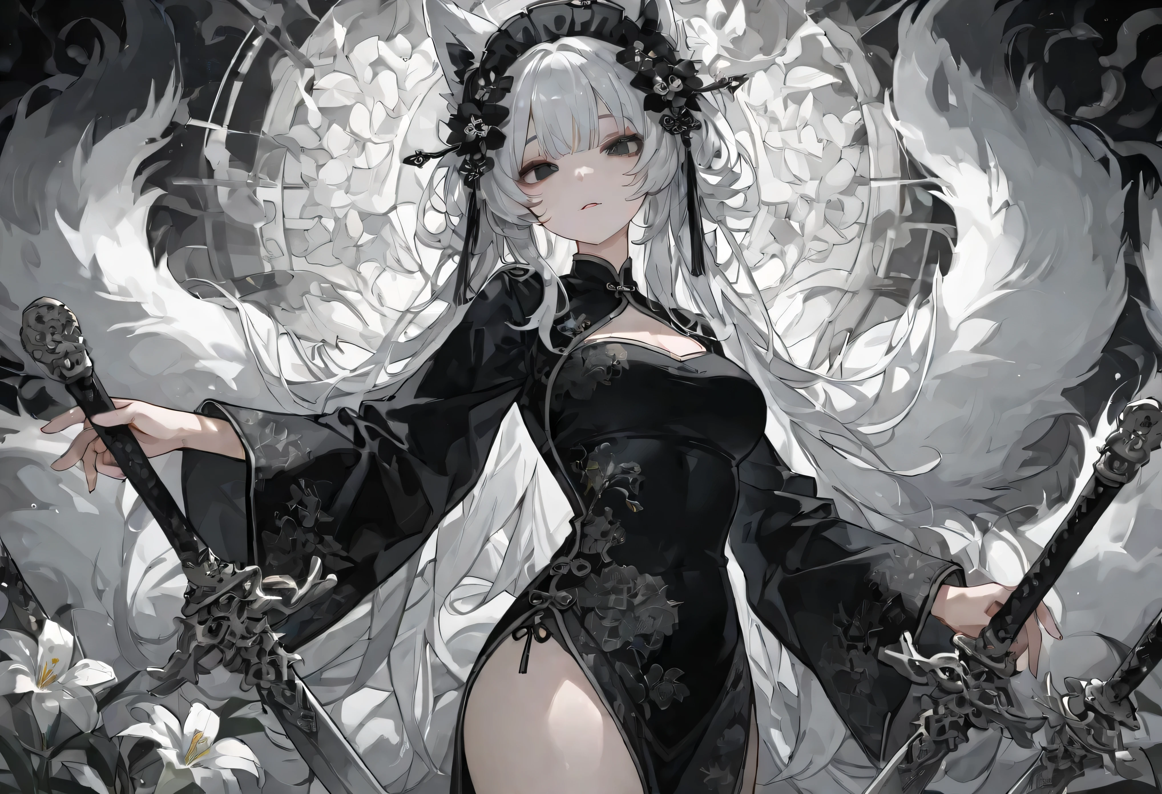 Nine-tailed Fox,Drenched black high-cut cheongsam,lily flower headdress hair card,Hollow,Ready to close your eyes,Three Swords,Hold the hilt,cold
