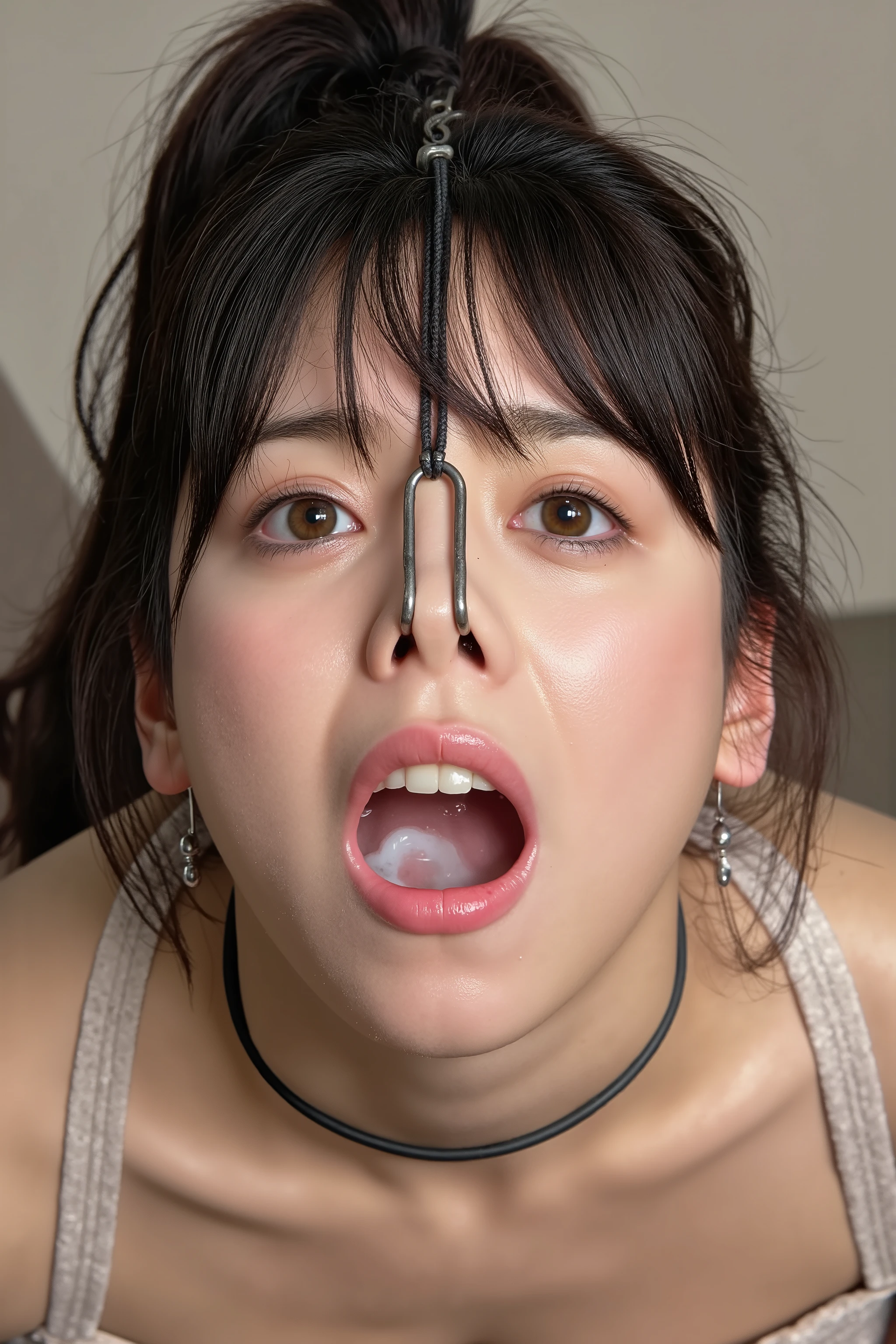 A high resolution photograph is a close-up portrait of a young Japanese woman viewed from the above. She is kneeling on the floor at home. Her hairstyle is black hair with bangs in a ponytail. She is wearing a off-shoulder dress, earrings and a pet-collar with a tag. (She wears a nose hook with chain wrapped around the top of her head, nose hook makes her nose look like a pig snout, hooking in her nostrils:1.5). (She opens mouth wide to show off teeth and white cum in mouth:1.4). She is facing up and looking up directly at the camera with tearful expression on her face. The overall atmosphere of the image is tense.