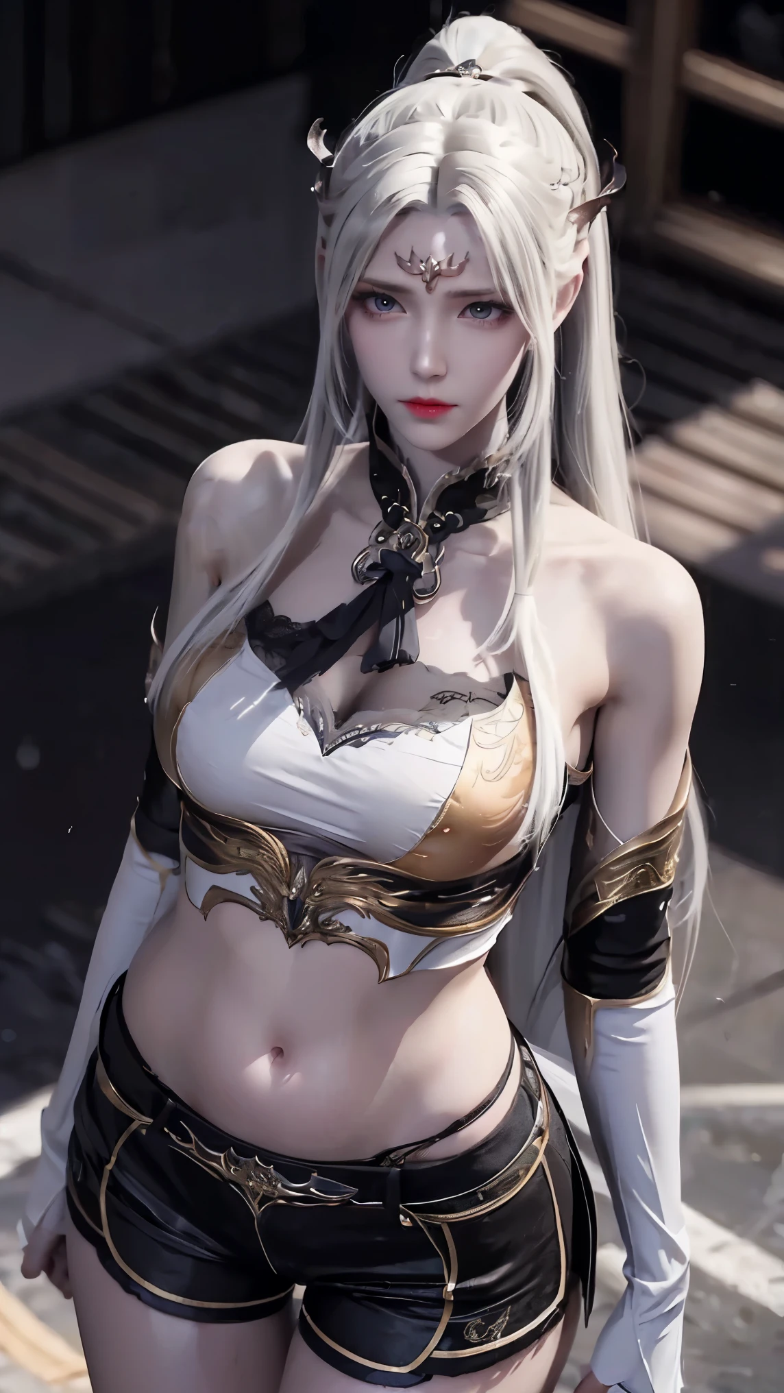 ((best quality, 8k, masterpiece:1.3)), important: 1.2, Perfect body beauty: 1.4, Hips: 1.2, ((Layered Hairstyle, Chest: 1.2)), (Wet clothes: 1.1), (rain, street:1.3), Tube Top Dress: 1.1, Highly detailed face and skin texture, Squinting, Double eyelids, whiten skin, Long hair, (shut up: 1.3), Smiling white-haired girl, High Ponytail Hairstyle, Sports Tops, Oversized bust, Succubus, (((Succubus tattoo on lower abdomen))), Transparent Super Skinny Low Rise Bow Pants, (((ultra-low waist))), Full body image, Sexy girl, Sexy, Happy laughter, Shy, (((Showing belly))), Express, There is a heart in the eyes, (Detailed drawing of eyes), Sexy Long legs, Thin waist, Sweat is running down my waist, (Showing belly), ((Succubus tattoo extreme detail portrayal))), , Front squat, Dark lock method, Asymmetrical bangs, Transparent clothes, Hands on thighs, Look away, 8k resolution, Missed ionary, Raise an eyebrow, Shiny hair, Flower head, Wristband, White hair bandage、Close-up of 错过 wearing white mask, Beautiful character painting, guweiz, Gurwitz-style artwork, White-haired god, author:Yang Jie, Epic and beautiful character art, Stunning character art, author:Fan Qi, by Wuzhun Shifan, pixiv art station street guweiz, Single ponytail, insult, High Ponytail, Tall and big, Long legs, (Sleeveless lace shirt), (shorts), (Striped )), ((Striped )), Walk,
