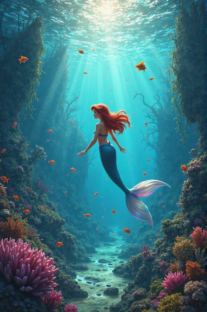 Animated memaid with lightred hair swimming towards the surface the sun is shinning down in the water