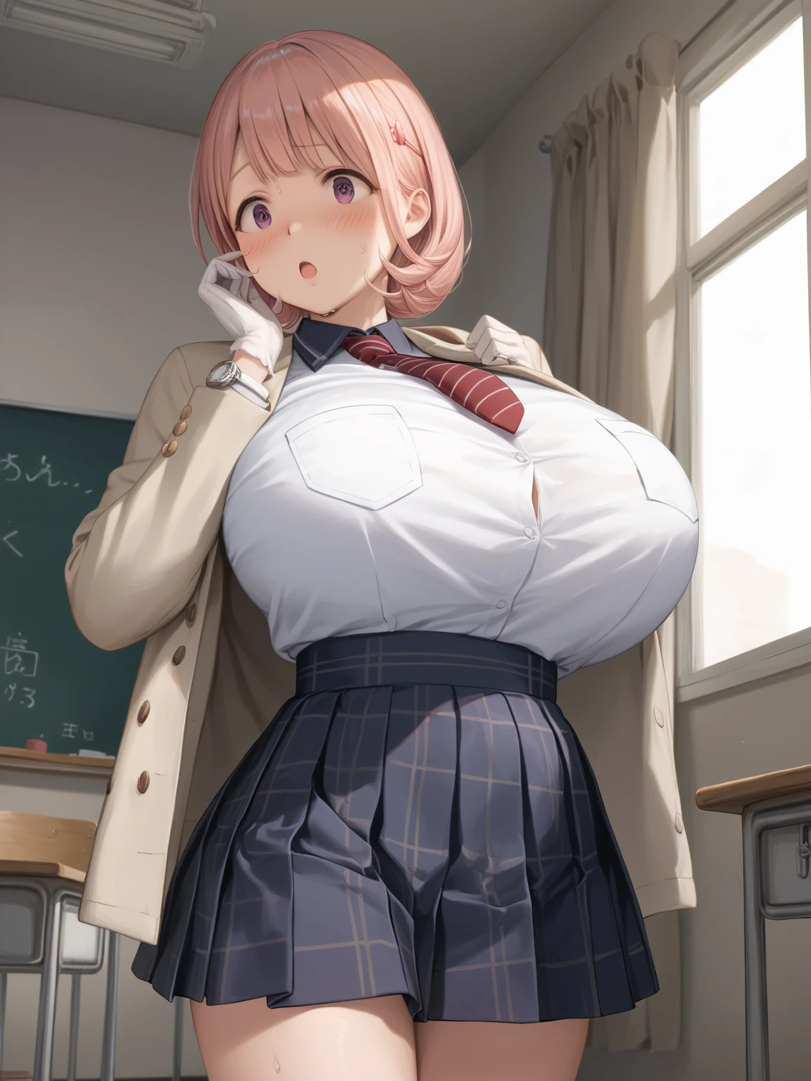 from below,ceiling,breast focus,loose school uniform is sheer, button gap,(covered nipples:0.95),breasts,red white gold uniform,(side-tie peek:1.5),(button gap:1.5), white skirt, white top, red ribbon, golden buttons, golden shoulder pats, young adult, 19 years, (embarrassed,blush:1.5),blonde hair,half updo hair, open mouth,brown eyes, beautiful brown eyes, big breast, striking body curves, horny smile, pink lips, tiny girl, cute pose, masterpiece, classroom background, school