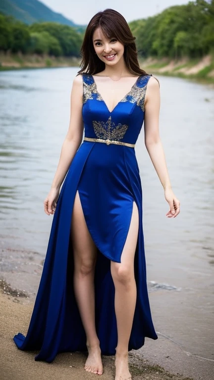 detailed,Clear lines,highest quality, masterpiece,Bright and dark light、Canon Photo Crystal Clear ,(Realistically:1.2), (Gold Edge、Royal Blue Dress)、Action pose、Take a full body photo、A sloppy smile、Glamour body type、Medium Long Hair、Valley、Step into the river、barefoot