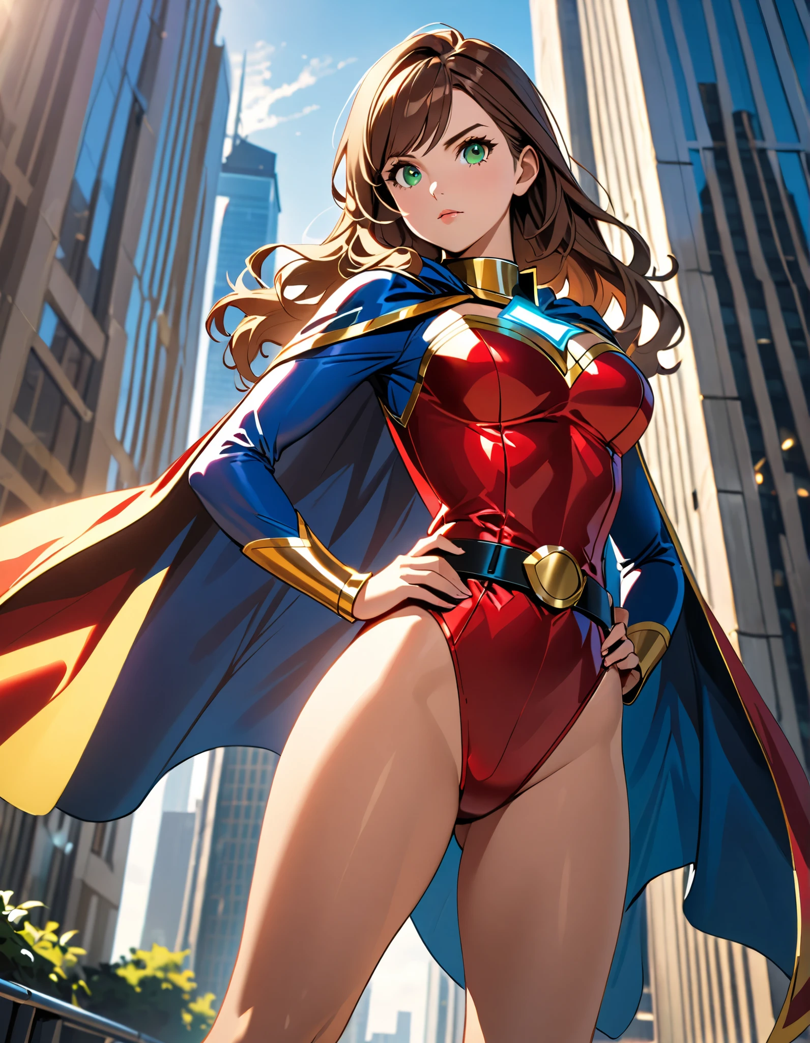 (masterpiece), (best quality), (high res), 1lady, tall body, highly detailed, professional, beautiful detailed eyes, beautiful detailed face, perfect hands, complete fingers, perfect anatomy, perfect proportions, ((brown hair, medium hair, hair down)), ((green eyes)), ((leotard, red leotard, matching leotard, bare legs)), ((boots, matching boots, knee-high boots, yellow boots)), breasts, medium breasts, (full body portrait), looking at viewer, solo, solo focus, standing, one hand on hip, cowboy shot, new york backdrop, (fastened tight belt), (blue sleeves, yellow cuffs), (yellow hawk (symbol) on chest), (medium cape, light blue cape), full body costume design.