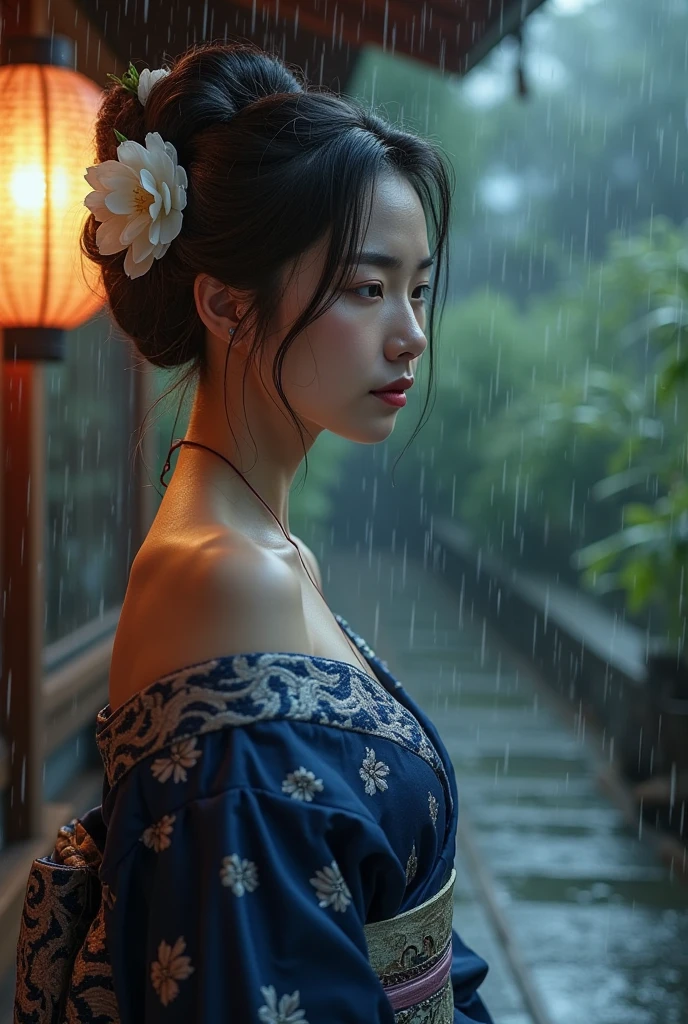 A Japanese woman languishing in the rain、Beauty、kimono、kimono、Large Breasts、valley、sexy、Cute face、30 years old