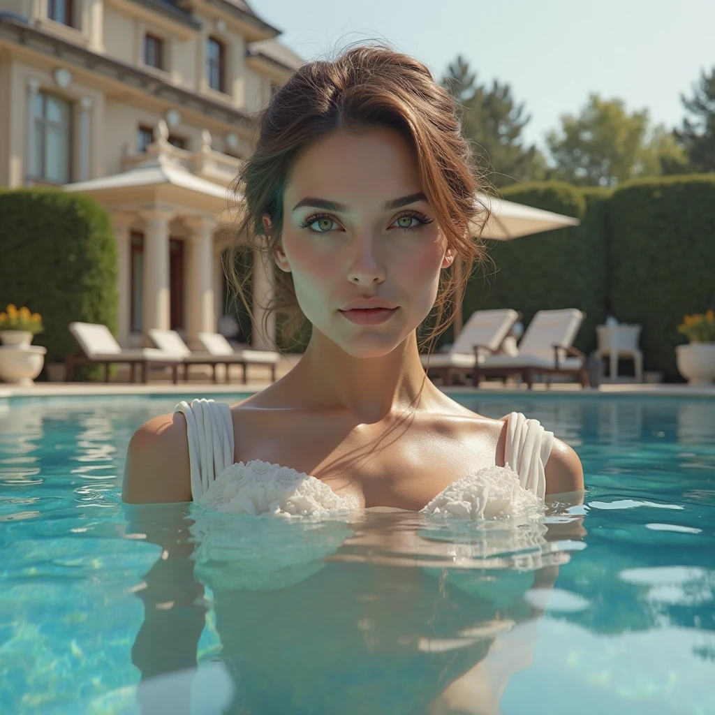 masterpiece, highest quality, Cinematic写真, digital artwork illustration, Beautiful 22 year old woman, Pale skin, German, Female body, Dark Ginger Hair, Very large breasts, Bright Eyes, erotic, (((( Ultra-thin see-through fabric)))), (((Bubbles on bare chest))), No cutouts, (Pool Party Background), Dark illustration style, (8k, Cinematic elements, Realistic. , Sharp focus), Complex background, Cinematic, Three-part method, Backlight, Digital SLR, Film Grain, Intricate details, Cup G