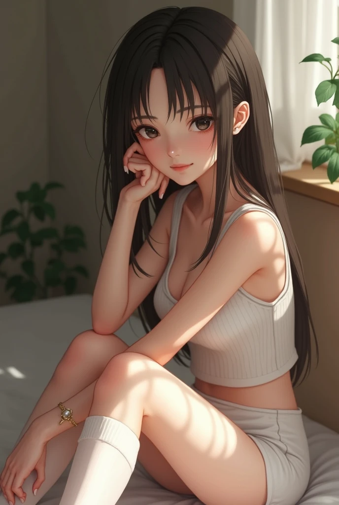 (8k, highest quality, best quality, masterpiece, highly detailed:1.2), 1girl, white tank top, black hair, asian, white short shorts, half smile, midday, from below, slim
