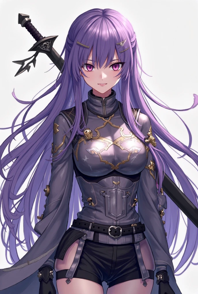 A woman of fair skin clad in dark armor, ontop of the armor she wars a long, frayed coat, lined with silver. She has purple eyes and an angry look to her, she has her hair styled like Lightning from Final Fantasy XIII, purple and orange eyes and her attire is splattered with blood, she's wielding a greatsword nearly twice her size. purple hair,