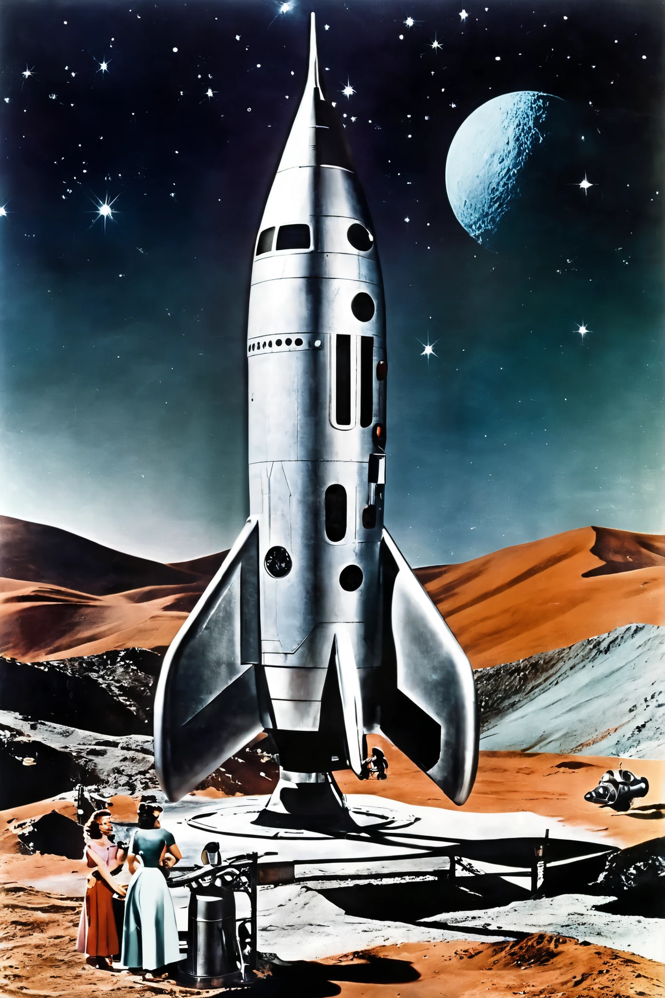 ((( classic sci-fi television series ))), pictures, very realistic, scenes from old 1950s sci-fi movie series、rocket発射基地の広大な背景に平らなグランデが見えます, ((( 1950s ))), ancient aesthetics , scenes from 1950s sci-fi movie , Retro_rocket, nave espacial estilo Retro, with various propellants , metal hull with rivets , very detailed american women, complicated, pictures, images from 1950s television series