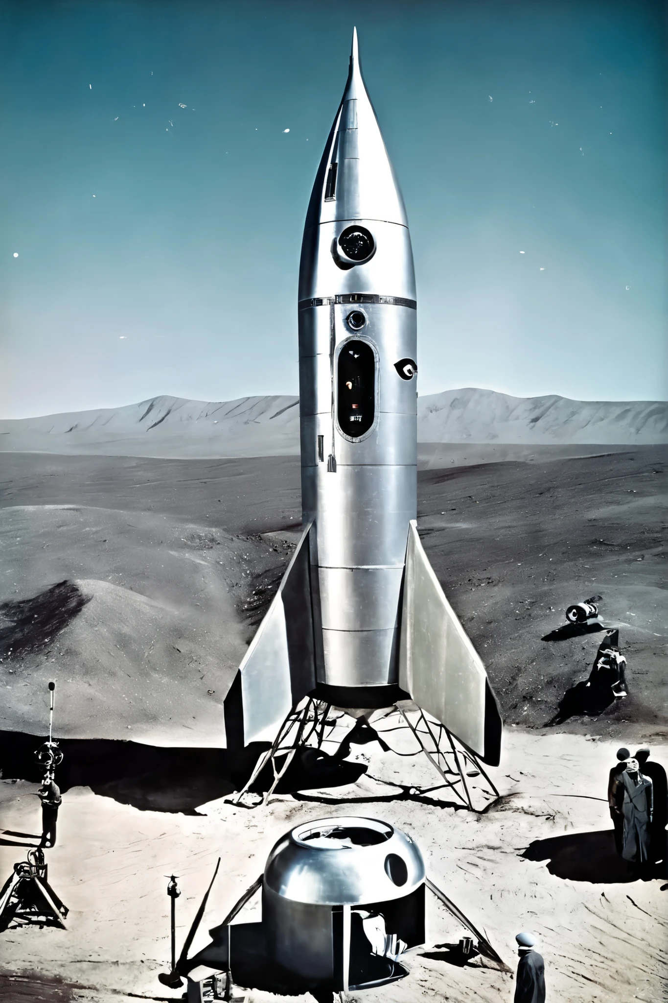 ((( classic sci-fi television series ))), pictures, very realistic, In scenes from old 1950s sci-fi movie series、rocket発射基地の広大な背景に平らなグランデが見えます, ((( 1950s ))), ancient aesthetics , scenes from 1950s sci-fi movie , Retro_rocket, nave espacial estilo Retro, with various propellants , metal hull with rivets , very detailed american women, complicated, pictures, Images from 1950s TV series