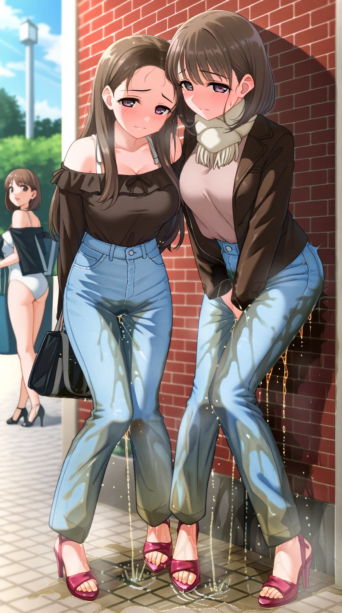 ((best quality, masterpiece:1.3, 8K)), (detailed), highly detailed face and skin texture, detailed eyes, downtown, full body, slender body, 2girls, 25 years old, white skin, bright lips, scared, worried, embarrassed, panicking, long hair, (forehead:1.0), hard nipples, jeans pants, flares jeans, blue jeans, peeing jeans, peeing pants, pee stain, (wetting herself:1.5), desperation:1.5,